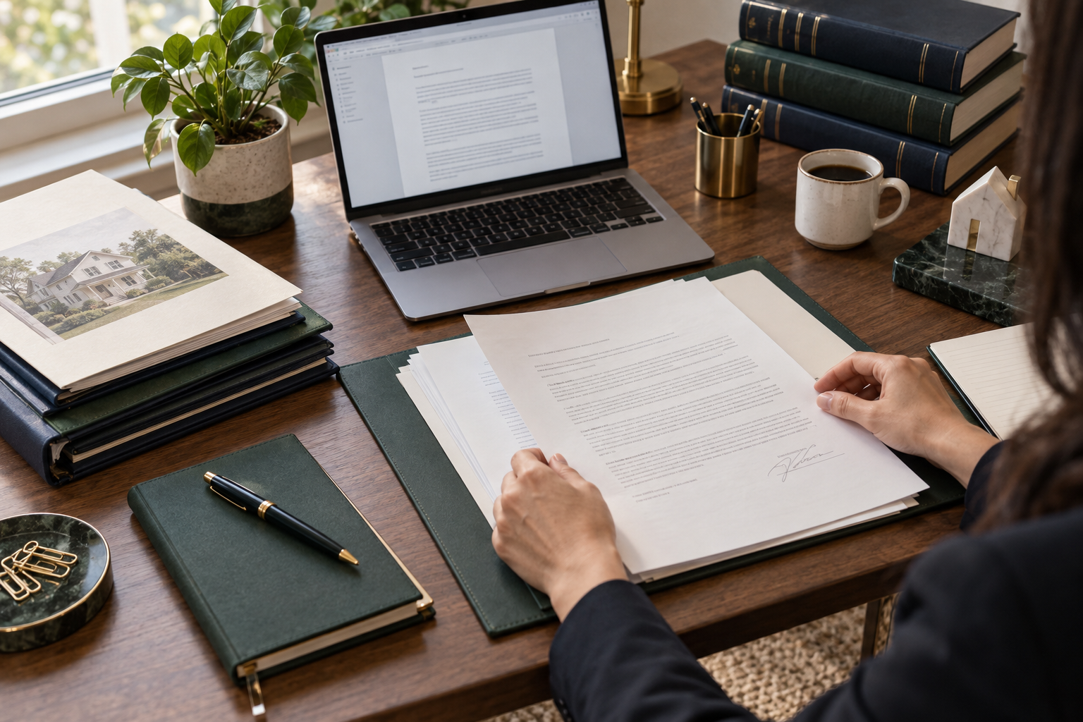 Professional desk with legal documents and laptop